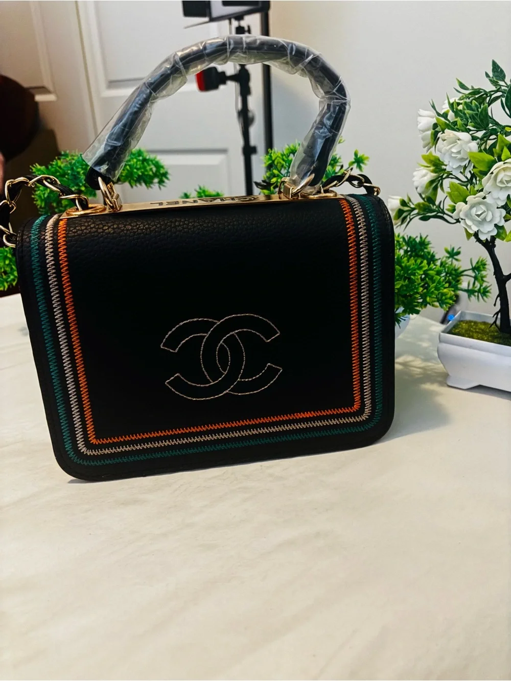 Source Unknown Black Satchel with Multicolor Stitching and Scarf Accent